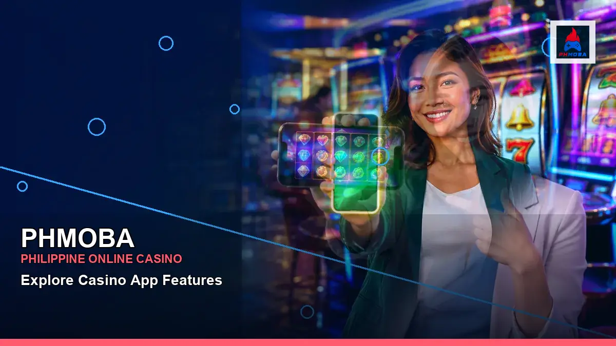 PHMOBA mobile casino app in a right-framed scene for the PHMOBA brand search, casino access, games, account help and safer