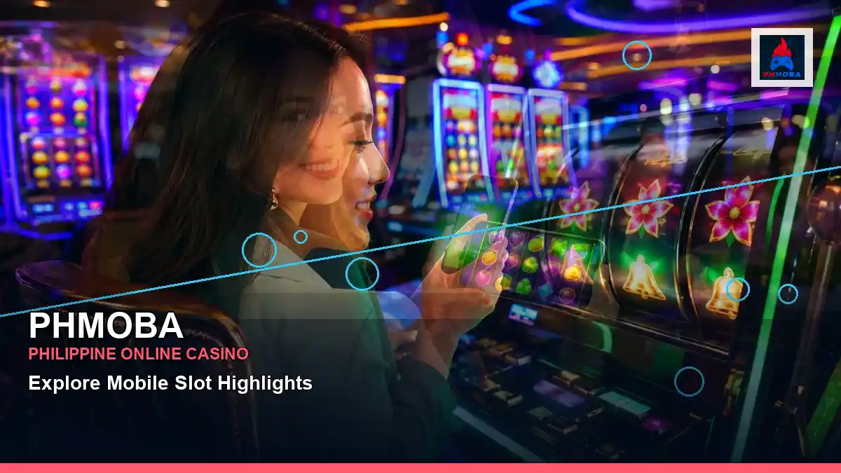 PHMOBA duo online slot games featuring an adult Filipina casino host with a layered collage composition
